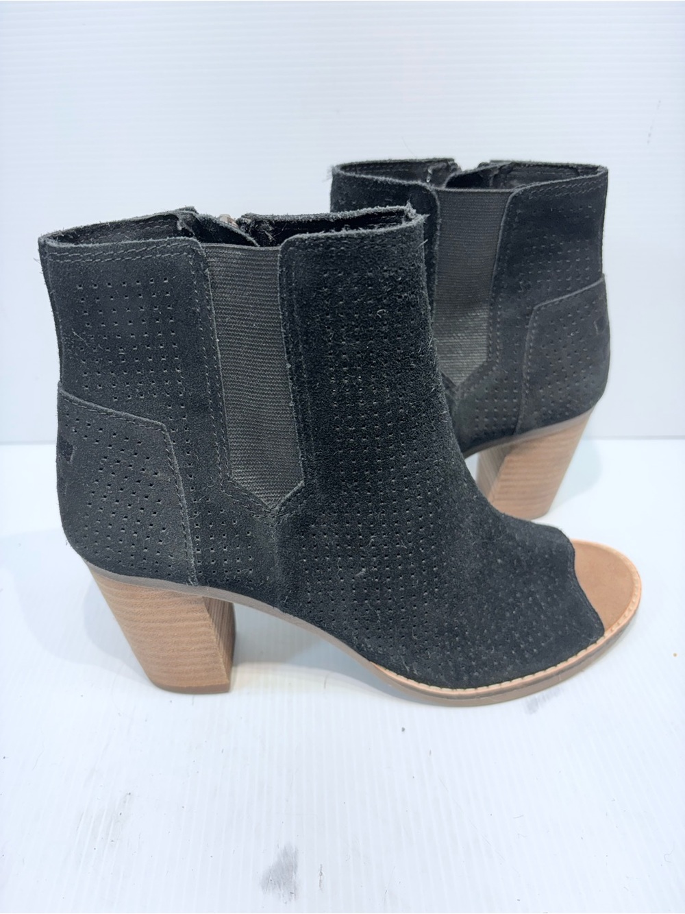 Toms Black Suede Open-Toe Ankle Booties with Stacked Heel